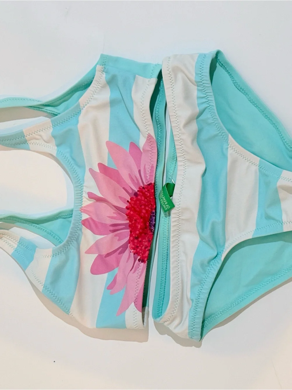 Benetton Girls Aqua White Striped Two-Piece Swimsuit with Pink Flower Size 5/6